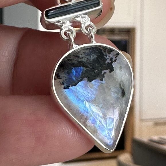 Sterling Silver Natural Black Tourmaline In Rainbow Moonstone Pendant - Picture 2 of 7
